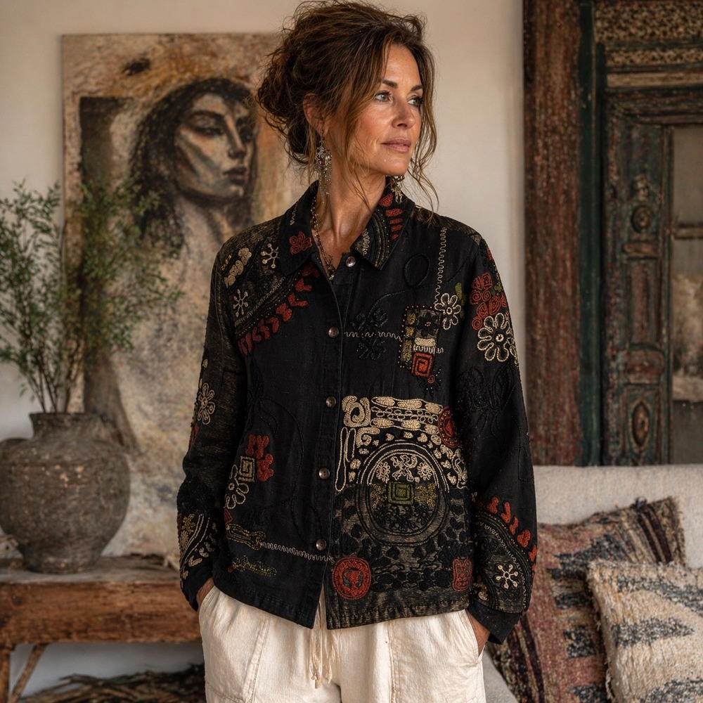 Chicos‎ Boho Silk Embroidered Jacket Womens Size 1 M Black Beaded Art To Wear